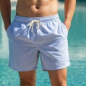 Dockers Mens Swim Shorts Blue White Seersucker Stripe 9 Inch Inseam Size 4XB